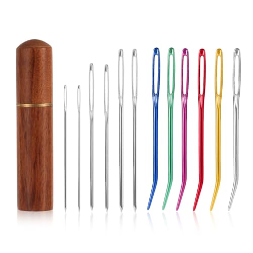 12pcs Large Eye Sewing Needles Kit, Aluminum Large-Eye Blunt Needles with Bent Tapestry Needles & Wooden Needle Case Hand Knitting Needles for Crochet Quilting Beading Projects