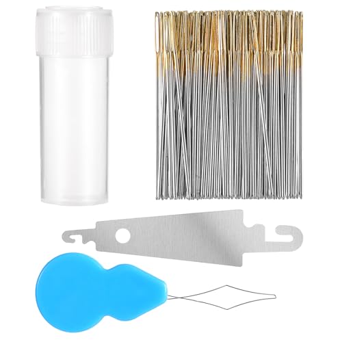 100pcs Cross Stitch Needles +2 Needle Threader Golden Color Large Eyes Cross Stitch DIY Embroidery Hand Needles Large Eyes Cross Stitch DIY Embroidery Hand Needles Sewing Needles in Transparent Box