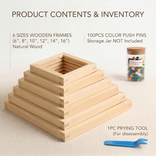 24 Pcs Needlepoint Stretcher Bars for Needlework, 6 Sizes Wooden Canvas Stretcher Bars with Thumb Tacks, Tack Puller Tool & Hanging Hardware, Adjustable Cross Stitch Embroidery Frame Kit, 6" to 16"