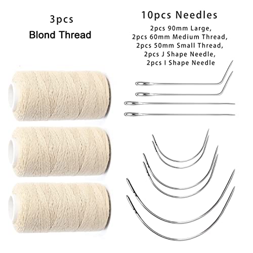 Ryalan Weaving Needle Combo Deal 3 Thread with 10pcs Needle for Making Wig Sewing Hair Weft Hair Weave Extension Big Medium and Small C Shape Curved Needle with J I Needle (10 Needle, 3 Thread, Blond) - color: Blond