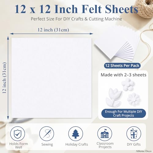 12" x 12" Felt Sheets for Crafts, 2mm Stiff Felt Fabric (12 Pcs), White - color: White