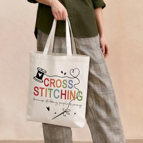 Cute Goose Crochet Canvas Tote Bag for Women - color: Cross Stitch