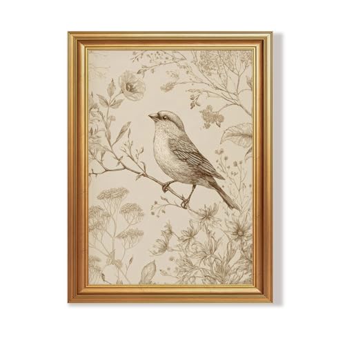Wojuin Antique Style Sparrow Floral Etching Framed Canvas Wall Art 12x16 in - color: Sparrow, size: 16"L x 12"W