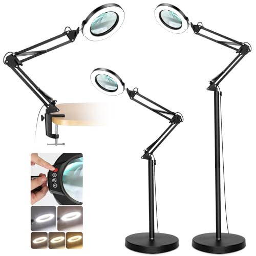 Real Glass Magnifying Glass with Light and Stand, LED 5 Color Modes, Stepless Dimmable Magnifying Floor Lamp, 3-in-1 Adjustable Swing Arm Lighted Magnifier Lamp with Clamp for Reading, Craft - Black - color: Black