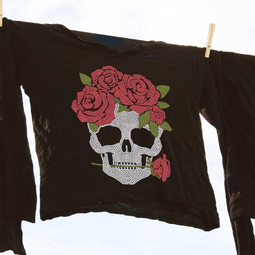 1 Pc Rose Skull Rhinestone Iron on Hotfix Transfer Decal, Bling DIY Patch Clothing Repair Applique T-Shirt Vest Shoes Hat Jacket Decor Clothing DIY Accessories - style: Rose Skull