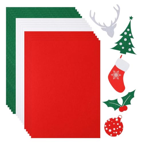 Outus 15 Pcs Christmas Colored Felt Sheets 11.8" x 8.2" Soft Felt Fabric Sheets for Craft Red Green White Felt Fabric for Holiday DIY Crafts Sewing Art Christmas Decoration,1 mm Thick