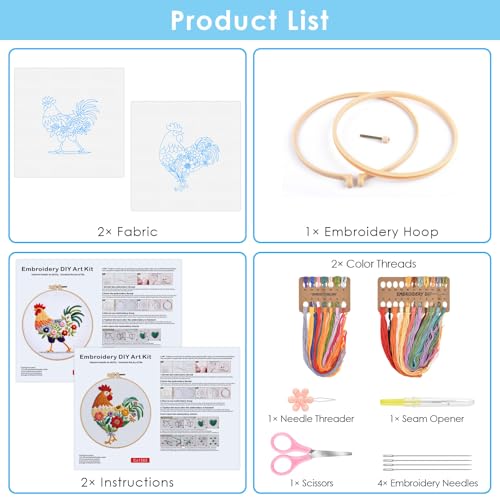 ERKOON Embroidery Kit for Beginners Adult, 2 Set Cross Stitch Set Include Embroidery Cloth Hoops Threads for Craft Lover Hand Stitch with Embroidery Skill Techniques (Rooster) - color: Rooster