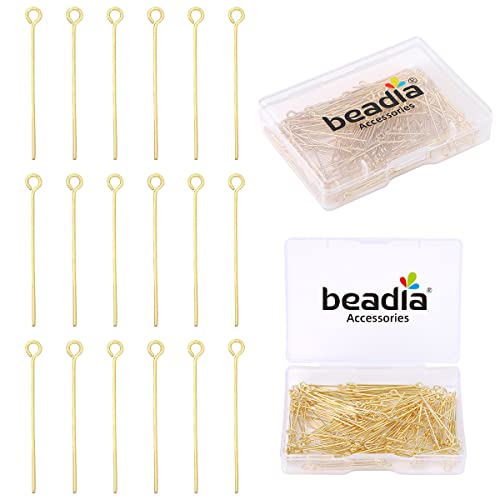 BEADIA 14K Gold Plated Open Eye Pins Non Tarnish 30mm 150pcs for Jewelry Making Findings - color: Open Eye Pins 14k Gold, size: 30x0.7mm