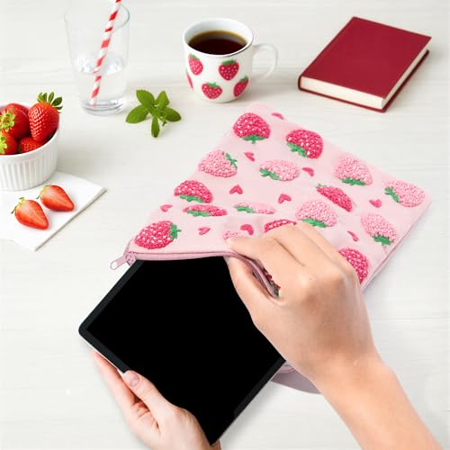 Fiupan All-in-One Strawberry Embroidery Kit - DIY Craft Kit with Thread, Fabric & Needles, Pink Embroidery Pouch for Tablet E-Reader Sleeve, Creative Birthday Gifts for Beginners（7-8 Inch） - size: 7-8 Inch