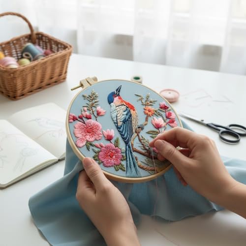 ARTopet Embroidery Kit for Beginners Cross Stitch Kits Needlepoint Set Colorful Bird Patterns Embroidery Thread Kit for Craft Lover Hand Stitch with 7.87in Hoop Threads Fabric-Bird03 - color: Bird03