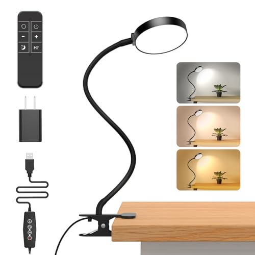 iFalarila Reading Light with Remote, LED Desk Lamp Clip on [1H Timer & Nightlight] RA>95 Dimmable Flexible Gooseneck, Reading Lamp with Clamp for Table - 3.5'' (Adapter Included) - style: 3.5'' Black