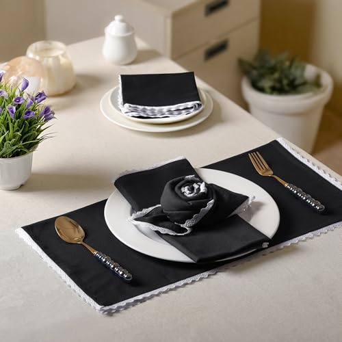 FINGERCRAFT Lace Cloth Napkins, Cotton Linen, 12 Pack, 20x20 Inch, Black - color: Black, size: 20" x 20" (Set of 12)