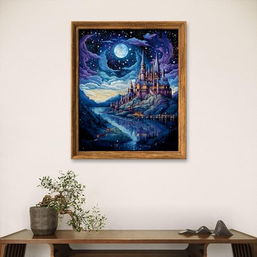 Leczany Cross Stitch Stamped Kits Patterns Craft Kit Needlepoint Full Range of Embroidery Starter Kits Beginners for DIY 11CT 3 Strands | Castle Moon Night 13×17.7 inches - color: 11CT Stamped kits,Castle Moon Night 13×17.1 inches