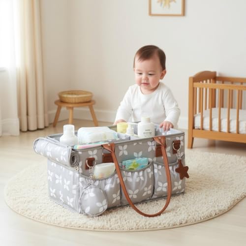 Moteph Diaper Caddy with Changing Mat, Large Baby Diaper Caddy Organizer with Lid, Portable Organizer Basket for Nursery and Car, Shoulder Strap and Pacifier Organizer - style: Deluxe Set