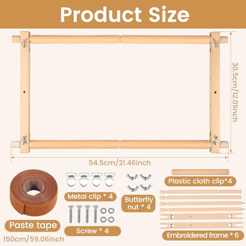 kjcbkcb Embroidery Scroll Frame, Wooden Cross Stitch Frame with Clips, Rotated Needlepoint Embroidery Tapestry Scroll Frame, Adjustable Needlepoint Stretcher Frame for Embroidery（12 x 21inch）