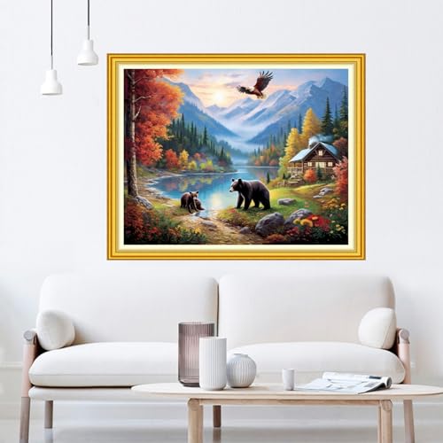 Dooxvey Cross Stitch Kit for Adult Beginners - Full Range of Stamped Kits with 11CT Patterns - Bear Scenery 16x20 inch - color: Artpattern04
