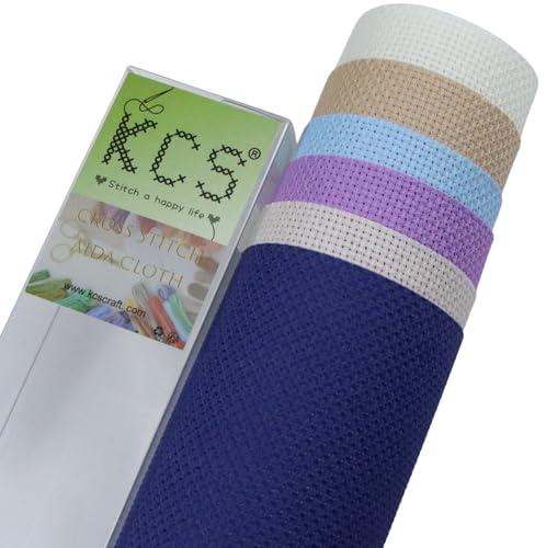 KCS 6 pc of 15" x 18" (38cmx45cm) Counted Cotton Aida Cloth Cross Stitch Fabric Rolled Box (16CT-C) - color: 16ct-c