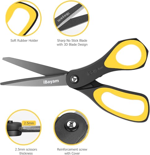 iBayam 8.5" All Purpose Nonstick Scissors, Titanium Scissors for Kids Craft - color: Yellow, Blue, Red, size: 3-Pack