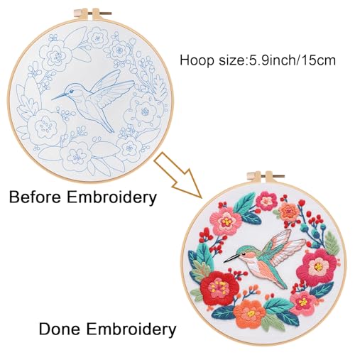 Louise Maelys Hummingbird Flower Embroidery Kit for Beginners Gift - color: Hummingbird flowers
