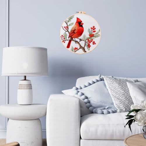 DIY Cross Stitch Kits Red Cardinal on Tree with Hoop 20x20cm-4