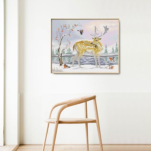 ITSTITCH Stamped Cross Stitch Kits - Full Range of Embroidery Patterns for Beginners or Adults,14 CT 2 Strands DIY Counted Needlepoint Arts Craft-Deer and Birds 13.7×11.8 inch - color: Deer and Birds