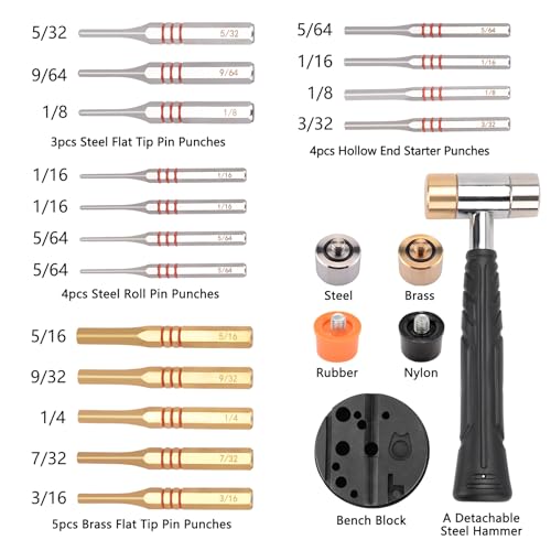 Pridefend Punch Set,Brass Punch Set and Roll Pin Punch Set Made of Solid Material Including Steel Pin Punch Set and Bench Block, Hammer with Detachable Heads,Punch Set with Portable Storage Case - style: Brass Pin Punch Set