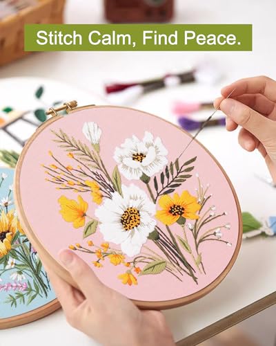 Santune 3 Pack Flower Embroidery Kit for Beginners Adults Cross Stitch Needlepoint Kits Hand Craft with Plant Patterns,3 Instructions,1 Hoop,Threads and 6 Needles - color: Tricolor Blooms