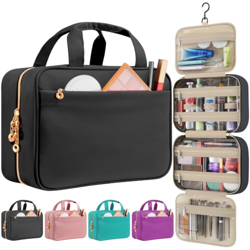 Travel Toiletry Bag for Women, Hanging Makeup Organizer Clear Pockets - color: Black, size: Large