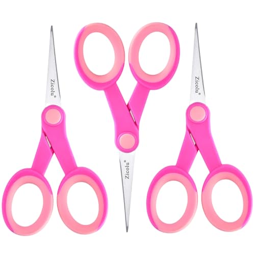 Zicolu 5" Embroidery Scissors, Small Sewing Scissors with Fine Tip for School Office Home Scrapbooking Crafting Quilting Knitting Cross Stitch Crochet Cutting Fabric Paper Thread Yarn, 3-Pack, Pink - size: 5.4"