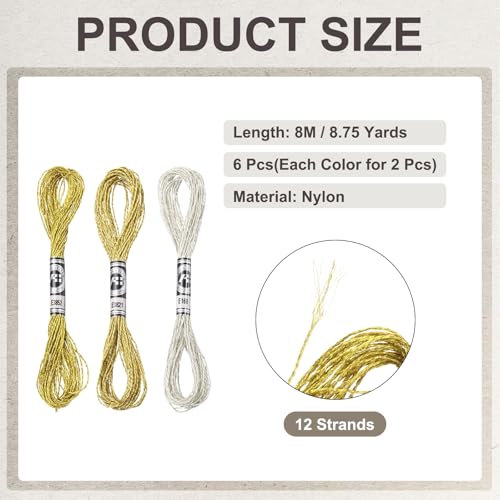 PATIKIL 6 Skeins Embroidery Floss, Metallic Embroidery Thread Nylon Threads Bracelets String for Cross-Stitch Hand Embroidery, Gold/Silver/Light Gold - color: Gold/Silver/Light Gold