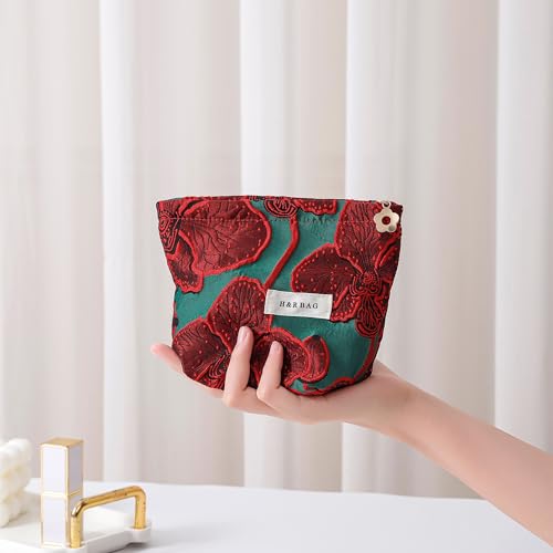 RANIT Retro Red Jacquard Cosmetic Bag - Durable Canvas Luxury Handheld Travel Toiletry Storage Bag Small - color: Red, size: Small
