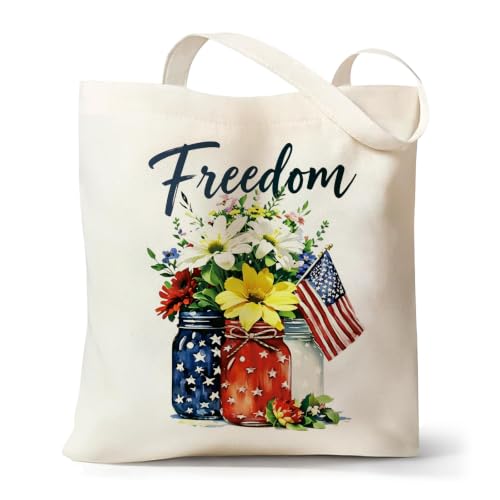 Canvas Tote Bag with Zipper for Women, Halloween Trick or Treat Bags Bulk - color: [A0] Freedom - Beige