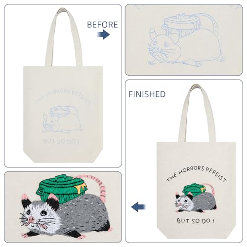 Sadnyy Possum Canvas Tote Bag Opposum Embroidery Kit for Beginners Cross Stitch Kits with Needles Thread Instruction for Adults Arts DIY Crafts Possum Needlepoint Women Shopping Reusable Grocery Bags