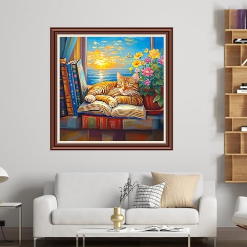 Dimensean Counted Cross Stitch Kit for Beginners, 11CT Unprinted Cross-Stitch Kit Easy Patterns Needlepoint Kit Cross Stitching Embroidery Kit Supplies-Window Side cat Sunrise 18x18 inch - color: Patterns08