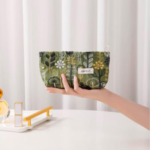 Embroidered Floral Makeup Pouch Green Linen Cosmetic Bag Zipper Purse - color: Green Streamlined Wildflower