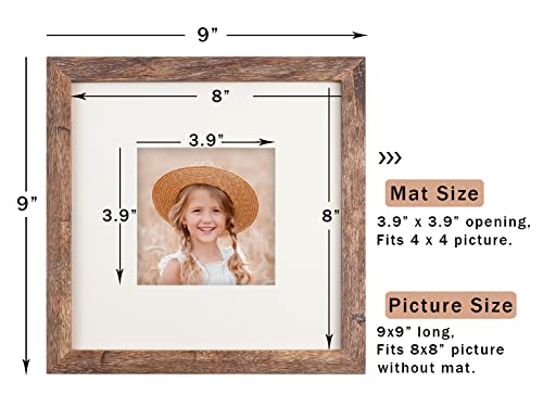 8x8 Picture Frame Wood Fits Square Photo 4x4 with Mat Vintage Brown - color: Brown, size: 8x8