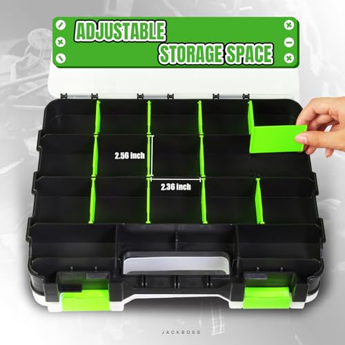 Jack Boss Tool Box with Transparent Lid, Double Side 34-Compartments Organizer Box with Removable Dividers for Hardware, Screws, Bolts, Nails, Beads, Jewelry and Fishing Accessories, Green, 2 Pack - color: Green, size: 2 PACK