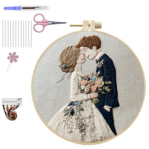 HCANPER Sweet Couple Embroidery Starter Kit, Valentine's Day Gifts，DIY Needle Punch Kit, Punch Needle Kits for Beginners,Include Pre-Printed Fabric,Tools,Embroidery Hoop,Threads. (Four) - color: Four