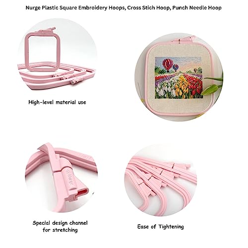 Nurge Square Embroidery Hoop - Plastic Cross Stitch Frame for Needlepoint & Embroidery - Adjustable Craft Hoop - Pink - Set of 4 - color: Pink, size: Multiple Sizes (Set of 4)