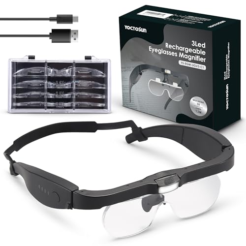YOCTOSUN Magnifying Glasses with Light, Rechargeable Head Magnifier Glasses with 3 LED Lights and Detachable Lenses 1.5X, 2.5X, 3.5X, 5X, Magnifying Headset for Close Work Hobby Jewelry Crafts