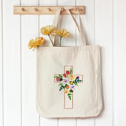 Louise Maelys Cross Floral Embroidery Kit for Beginners Canvas Tote Bag - color: cross lily