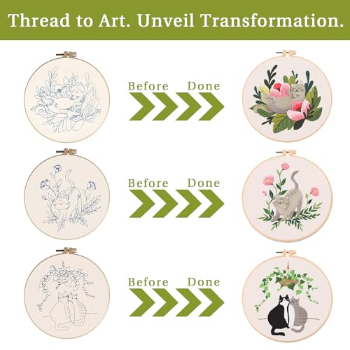 LB Funny Cat Embroidery Kit for Beginners Adults, 3 Sets Hand Embroidery Starter Kit with Floral Pattern and Instructions Stamped Cross Stitch Kits Include Embroidery Hoop Needles Threads Scissors - color: Grey