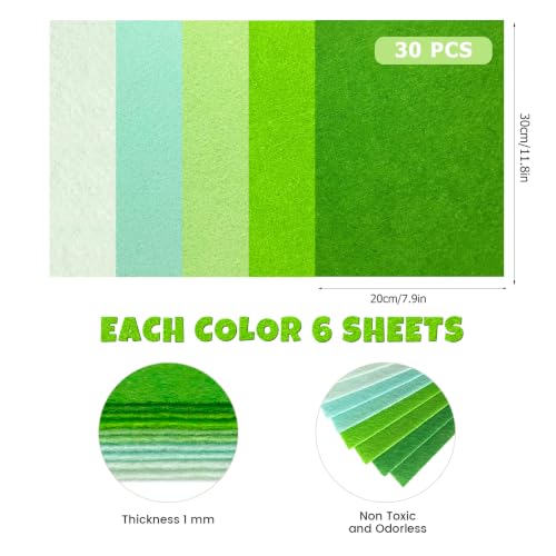 30Pcs Stiff Felt Sheets, 1mm Thick Felt Fabric Squares for Sewing & DIY - color: Green Series