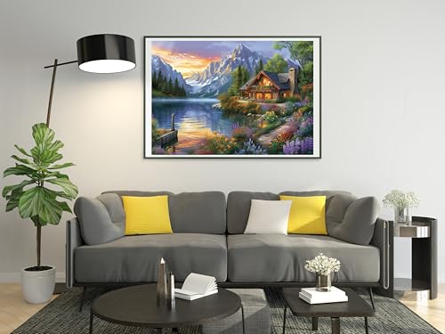 Moohue Needlepoint Kits 14ct Counted Cross Stitch Kits for Adults Mountains Lake Printed Stamped Cross Stitch Patterns Kits Cross Stitch Supplies (Mountains Lake House) - color: Mountains Lake House