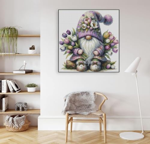 Gnome Stamped Cross Stitch Kits Flower Cross Stitch Patterns,Dimensions Cross Stitch Kits Embroidery Kit Arts and Crafts for Beginners 13.7x13.7 inches - color: D052A