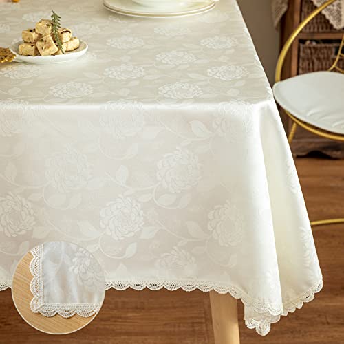 GLORY SEASON Textured Tablecloth Waterproof Spillproof Lace Trim Rectangle Damask Fabric Table Cloth for Wedding Kitchen Dinning Tabletop Decoration,Oblong Table Cover 55 x 86 Inch,Ivory White - size: 86" x 55" (Rectangular)
