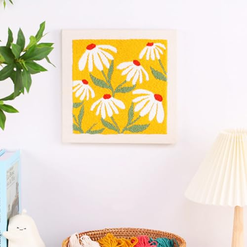 Allazone Punch Needle Starter Kit - Square Frame with Flower Pattern, Hoop, Yarns, Punch Needle (Orange and White) - color: Orange and White