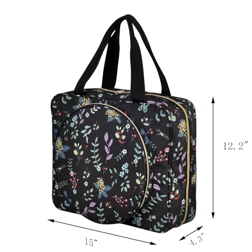 Portable Square Cross Stitch Starter Kits Bag Embroidery Project Bag Embroidery Tool Storage Tote Bag with Multifunctional Pockets, Bag Only (Black Leaves) - color: Black Leaves