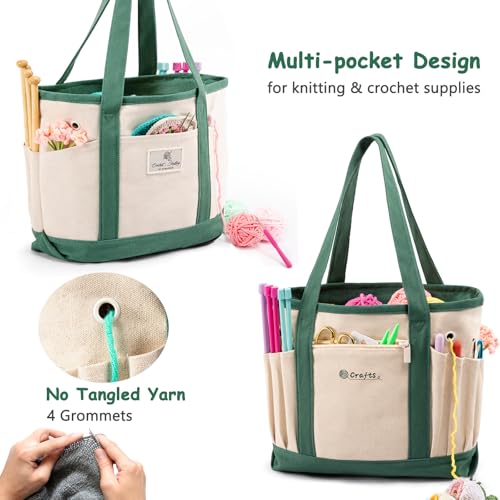 MYBAGZING Yarn Bags for Crocheting,Canvas Crochet & Knitting Tote Organizer - color: Nature-Green, size: Medium-12.5“