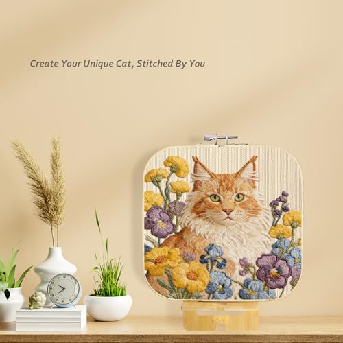 GOLDEN SMILE Maine Coon Embroidery Kit (8" Square Bamboo Hoop & 5"x7" Display Stand) – Pre-Printed Washable Floral Cat Pattern on Beige Fabric, 3 Needles, Ample Thread & Video Tutorials for Beginners